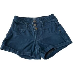 NO BO MID-RISE SHORTS JUNIORS, 1, NAVY BLUE, BACK POCKETS, BUTTONS & ZIP CLOSURE